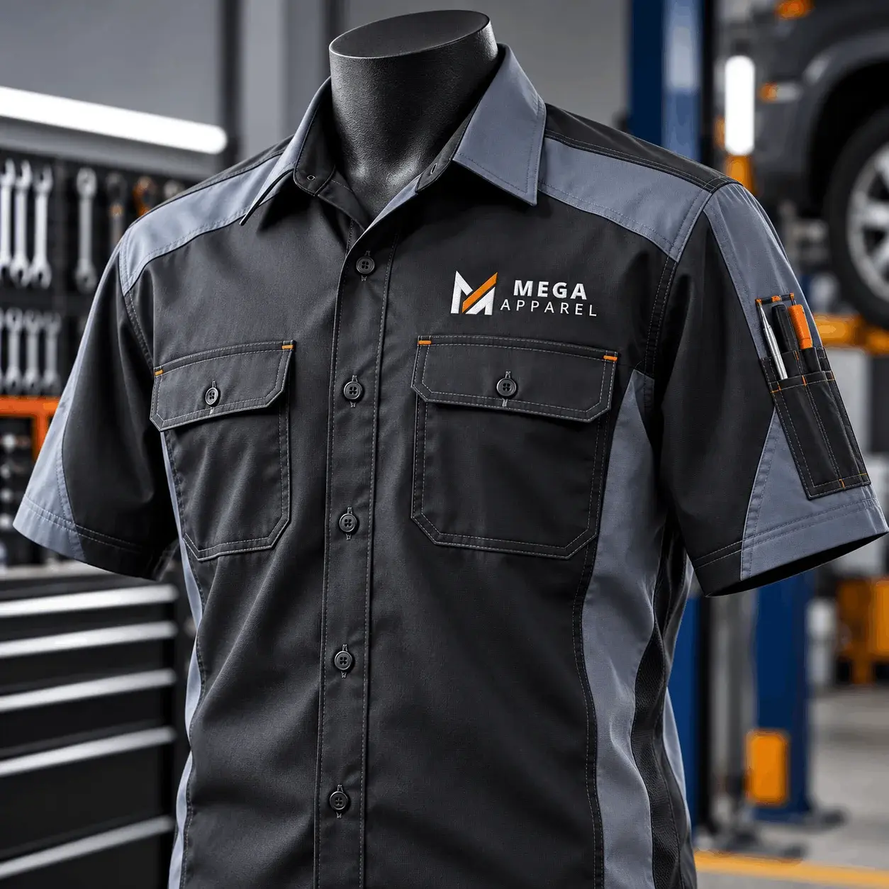 Automotive and trades uniform displayed on a mannequin, featuring a black and gray short-sleeve mechanic work shirt with chest pockets, utility pen sleeve, contrast stitching, and Mega Apparel branding in a professional auto workshop setting.